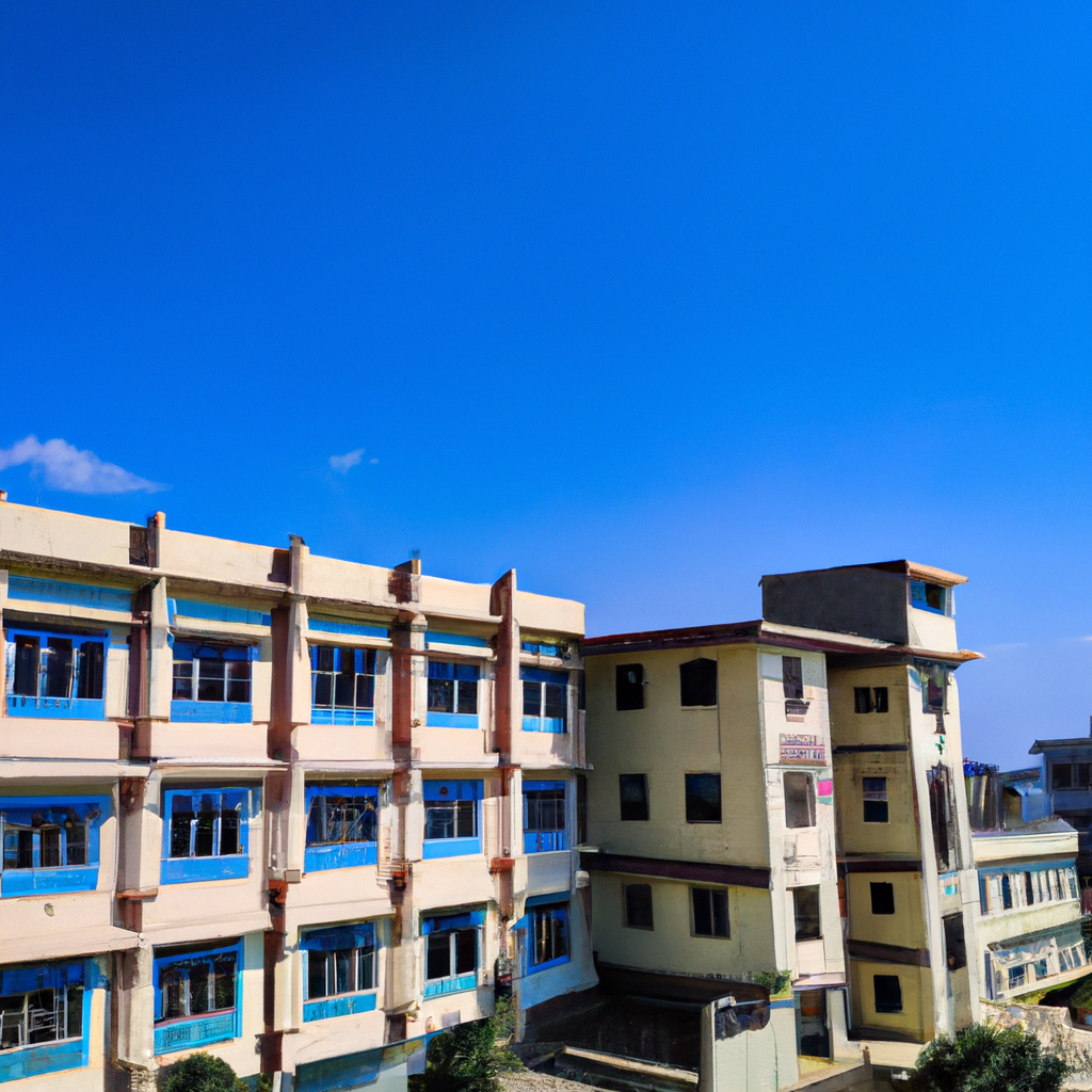 AI-generated minimalist campus in Canada with modern glass buildings, pine trees, light snow, blue sky